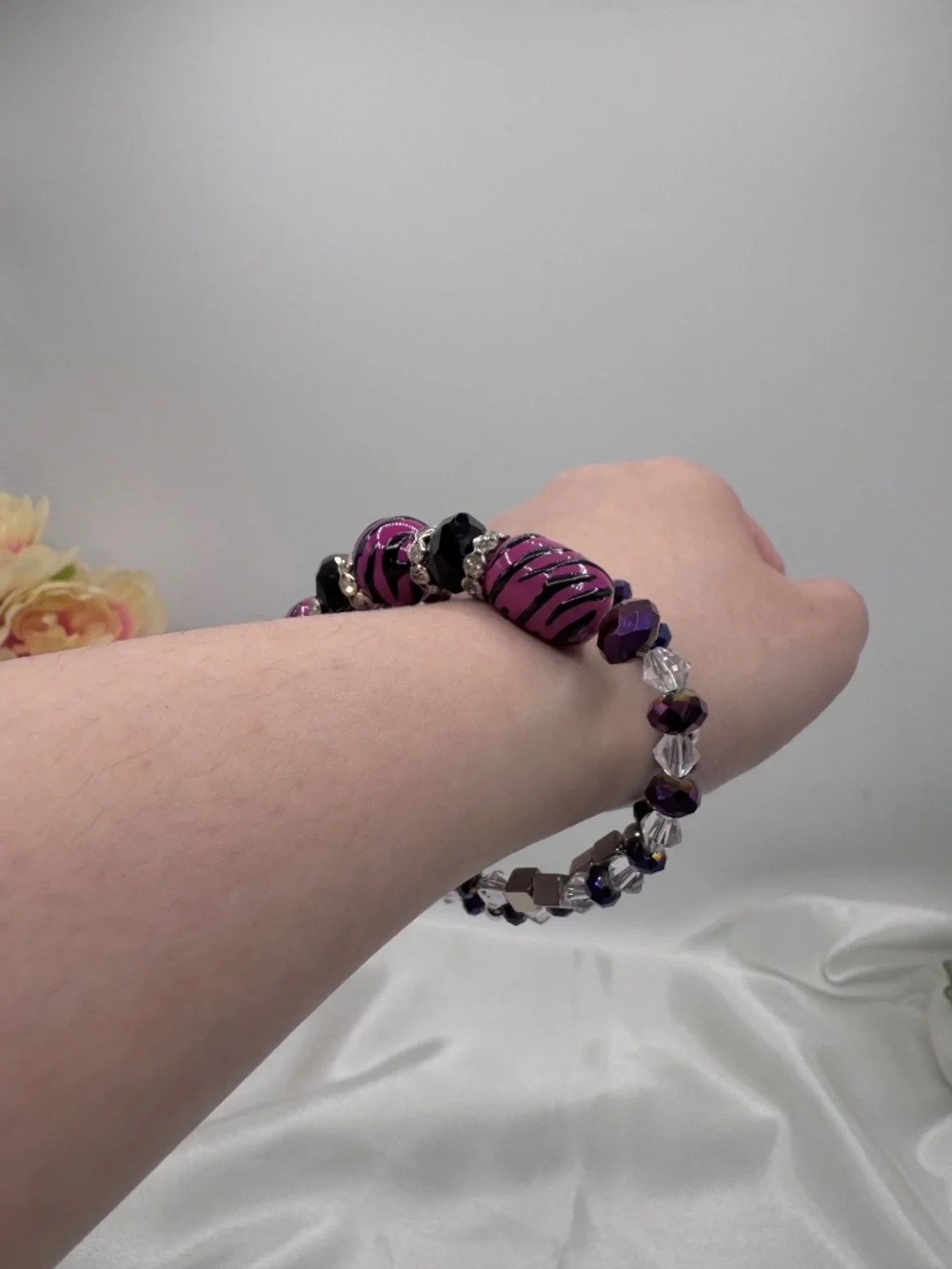 Pink Purple Zebra Print Beaded Bracelet Set Glam Sparkly Jewelry